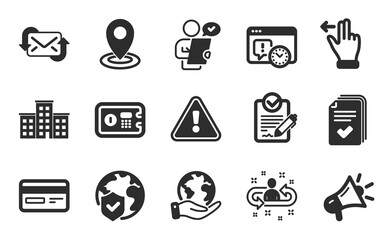 Save planet, Touchscreen gesture and World insurance icons simple set. Megaphone, Safe box and Rfp signs. Customer survey, Location and Project deadline symbols. Flat icons set. Vector