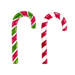 Candy canes. Set of traditional Christmas sweet. Hand painted watercolor illustration on white background