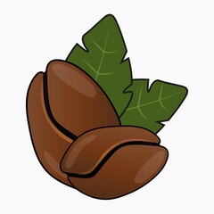 Cute cartoon coffee beans with green leaves.
Vector isolated realistic design on white background.