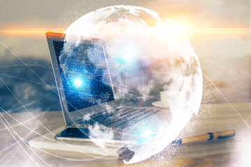 Multi exposure of business theme icons and work space with computer background. Concept of success.