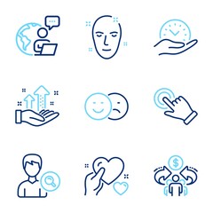 People icons set. Included icon as Search people, Health skin, Analysis graph signs. Hold heart, Safe time, Sharing economy symbols. Like, Touchscreen gesture line icons. Line icons set. Vector