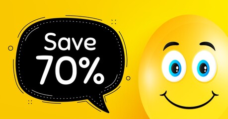 Save 70% off. Easter egg with smile face. Sale Discount offer price sign. Special offer symbol. Easter smile character. Discount black speech bubble. Yellow egg background. Vector