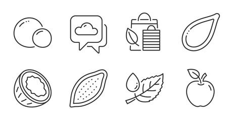 Leaf dew, Peas and Coconut line icons set. Weather forecast, Pumpkin seed and Cocoa nut signs. Apple, Bio shopping symbols. Water drop, Vegetarian seed, Vegetarian nut. Nature set. Vector