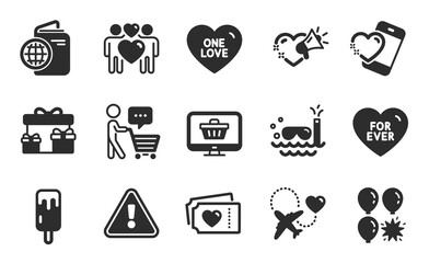 One love, Surprise boxes and Heart icons simple set. For ever, Ice cream and Scuba diving signs. Love couple, Buyer think and Web shop symbols. Flat icons set. Vector