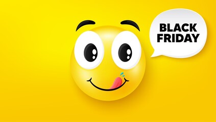 Black Friday Sale. Yummy smile face with speech bubble. Special offer price sign. Advertising Discounts symbol. Yummy smile character. Black friday speech bubble icon. Yellow face background. Vector