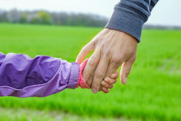 A beautiful hands of parent and child outdoors in the park