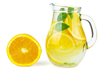 Glass jug with lemon water (or alcohol), slices and mint