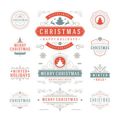 Christmas sayings labels and badges vector design elements set