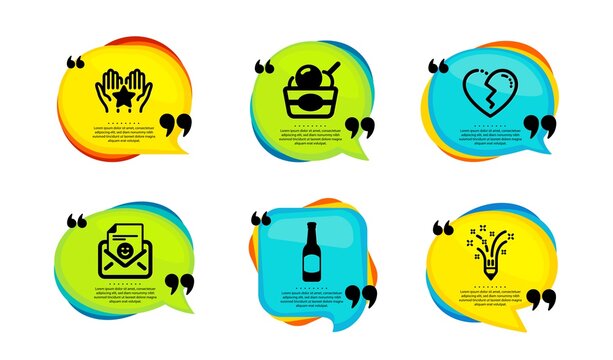Beer, Broken heart and Ice cream icons simple set. Speech bubble with quotes. Ranking, Smile and Inspiration signs. Bar drink, Love end, Sundae cup. Hold star, Positive mail, Creativity pencil. Vector