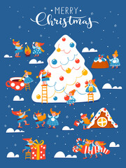Cartoon Christmas hygge card with funny gnomes and lettering and Christmas tree.