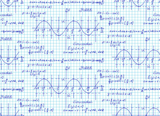 Education and scientific background. Math seamless pattern with the equations, figures, schemes, plots and other calculations on notebook page. Handwritten vector Illustration. 