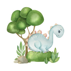 Cute little dinosaur on the nature background. Watercolor isolated cartoon kids illustration. Ideal for invitation, poster, home decor, packaging design, print.