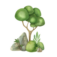 Watercolor landscape composition of tree, grass, and rock. Cartoon isolated illustration on the light background.