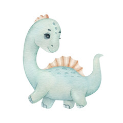 Cute little dinosaur on the light background. Watercolor cartoon kids illustration.