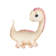 Cute little dinosaur on the light background. Watercolor cartoon kids illustration.