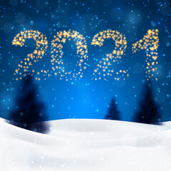 Christmas night background with fir trees and snow, dark blue sky and illuminated numbers 2021. Vector illustration. Merry Christmas poster. Holiday design, decor. Vector illustration.