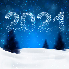 Christmas night background with fir trees and snow, dark blue sky and illuminated numbers 2021. Vector illustration. Merry Christmas poster. Holiday design, decor. Vector illustration.