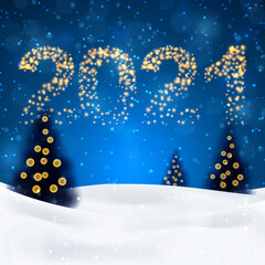 Christmas night background with fir trees and snow, dark blue sky and illuminated numbers 2017. Vector illustration. Merry Christmas poster. Holiday design, decor. Vector illustration.