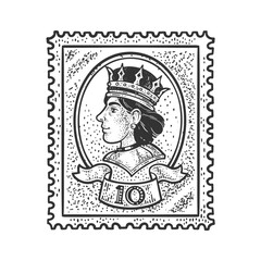 Obraz premium Postage stamp with queen portrait profile sketch engraving vector illustration. T-shirt apparel print design. Scratch board imitation. Black and white hand drawn image.