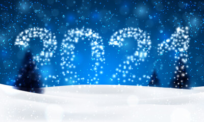 Christmas night background with fir trees and snow, dark blue sky and illuminated numbers 2021. Vector illustration. Merry Christmas poster. Holiday design, decor. Vector illustration.