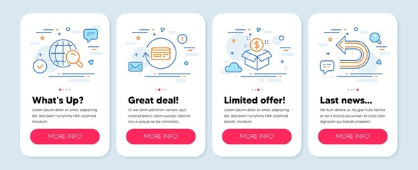 Set of line icons, such as Refund commission, Internet search, Post package symbols. Mobile screen banners. Undo line icons. Cashback card, Web finder, Postbox. Left turn. Vector