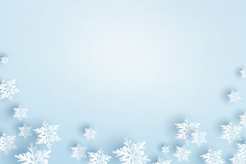 Paper snow flakes on winter blue background. Vector flying snowflakes for Christmas greeting card design