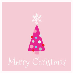 Cute Merry Christmas greeting card with lettering and a pink colorful simple tree illustration. Vector design element. Great for stickers, labels, tags, and icons.