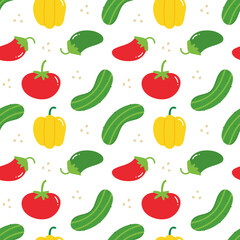 Tomato, cucumber, pepper vegetables vector seamless pattern background for vegan food, healthy eating design.
