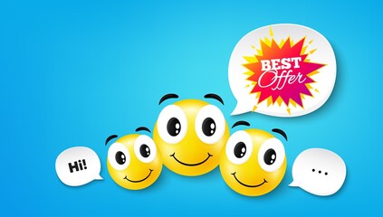 Best offer sticker. Smile face with speech bubble. Discount banner shape. Sale coupon bubble icon. Smile face character. Best offer speech bubble icon. Chat background. Vector