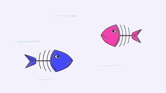 Two funny colourful fish skeletons, fish bones swimming in water. Hand drawn animation. Copy space,