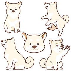 Set of outlined white Shiba Inu illustrations