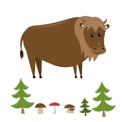 funny smiling standing european bison from side with forest elements (tree, mushroom) isolated on white background, cute vector illustration for children