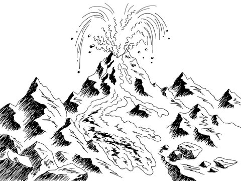 Volcano eruption mountain graphic black white sketch landscape illustration vector
