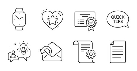 Smartwatch, File and Ranking star line icons set. Certificate, Quickstart guide and Technical documentation signs. Send mail, Idea symbols. Digital time, Paper page, Love rank. Education set. Vector