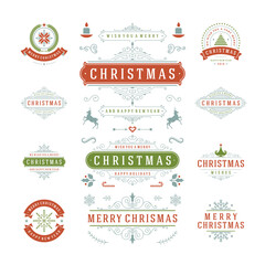 Christmas vector typography ornate labels and badges with happy new year and winter holidays wishes