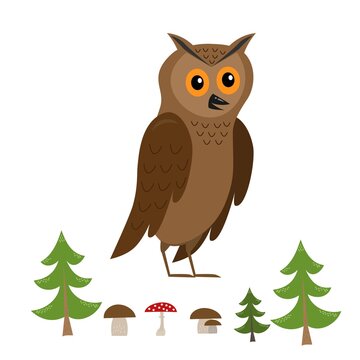 funny owl with forest elements (tree, mushroom) isolated on white background, cute vector illustration for children