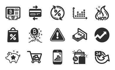 Hot sale, Audit and Bitcoin project icons simple set. Internet shopping, Shopping bag and 24 hours signs. Bitcoin atm, Loyalty points and Credit card symbols. Flat icons set. Vector
