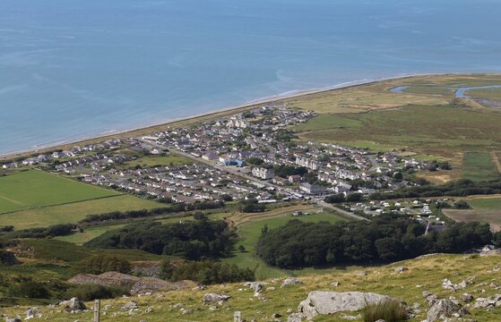 A view from a high vantage point over Fairbourne, Gwynedd, Wales, UK.