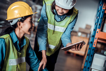 Warehouse woman wearing a hardhat standing cargo at goods or merchandise warehouse and check for control loading from Cargo freight ship for import and export by report on tablet. Teamwork concept