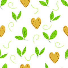 Hand drawn seamless pattern of leaves of green tea or matcha and cute hearts. Flat illustration.