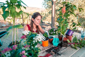 Happy latin young woman transplanting plants and flowers
