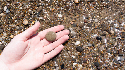 The hand of the girl holds a wet pebble. Small stones and algae under water near the shore. Stones of the river