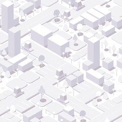 Seamless isometric city background. White buildings, trees and cars with shadows. Vector illustration