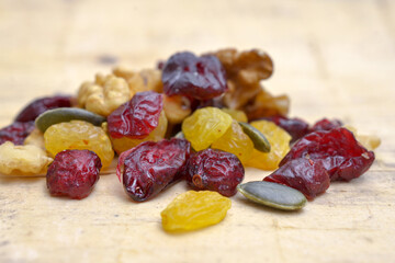 mixed nuts with raisins close up shoot