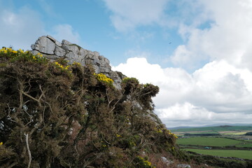 The rocks of Garn Fechan iron age fort with the Preseli hills in the distance and a bird flying in front of the white clouds over the fields below