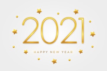 Happy New 2021 Year. Golden metallic luxury numbers 2021 with decorations of gold stars and beads. Realistic sign for greeting card. Festive poster or holiday banner design. Vector illustration.