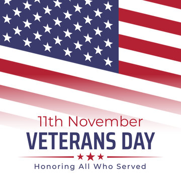Happy veterans day banner, greeting card. American flag on white background. National holiday of the USA veterans day 11 November. Poster, typography design, vector illustration