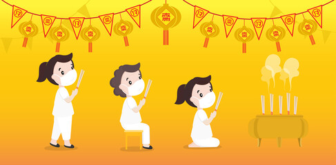 Female character vector illustration praying for holy things according to religious beliefs on a yellow background. Chinese and Thai flags mean 
