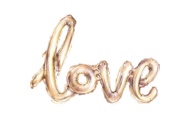 Big beautiful yellow air balloon using the word love. Watercolor illustration. Can be used for greeting cards and invitations