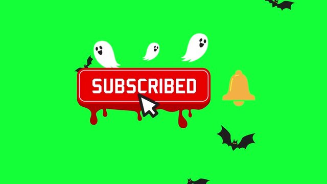 4K Halloween Subscribe button animation on Green screen. Mouse cursor clicks on subscribe button effect bats flying